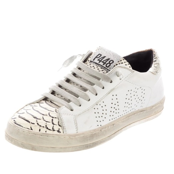 P448 / John Low Top Perforated Sneakers white glitter snakeskin shoes 39 9 - Picture 1 of 8